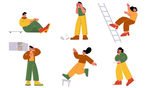 Las personas torpes se caen del taburete de la escalera y se lesionan en la patineta Ilustración plana vectorial de personajes de hombres y mujeres