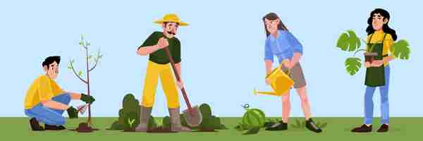 Vector gratuito las personas trabajan en el jardín, plantan árboles y riegan flores. ilustración plana vectorial de agricultores o voluntarios que cultivan un huerto en el patio de la granja o en un parque público. hombres y mujeres con plantas de interior en macetas y palas.