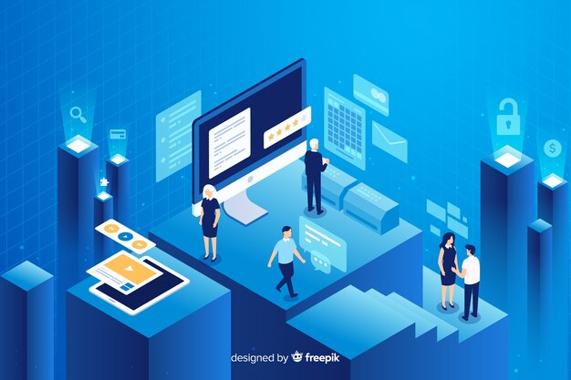 Personas trabajando con tecnología en isométrico