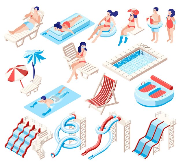Personas en trajes de baño que pasan tiempo en la playa y en el parque acuático con toboganes y piscinas iconos isométricos aislados en fondo blanco 3d ilustración vectorial