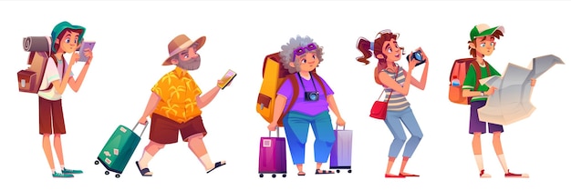 Vector gratuito personas turistas en viaje viaje de turismo y concepto de turismo con personajes de hombres y mujeres con mochilas maletas cámara de mapa y conjunto de dibujos animados de vector de teléfono móvil