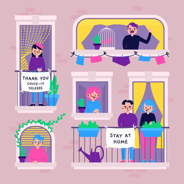 Personas en ventanas en cuarentena