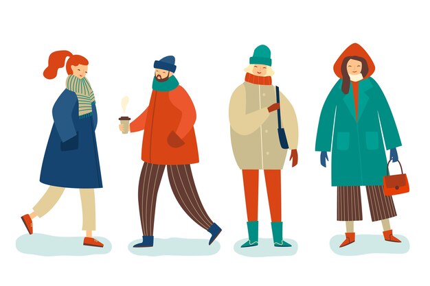 Personas vestidas con ropa de invierno ilustrada
