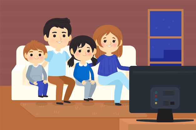 Vector gratuito personas viendo una película en casa por televisión