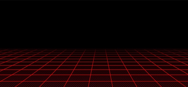 Vector gratuito perspectiva de cuadrícula de láser rojo futurista retro sobre fondo negro ilustración vectorial de patrón de malla abstracto paisaje de matriz de ciencia ficción de los años 80 con red de haz de luz ciberespacio de onda de vapor sistema de seguridad