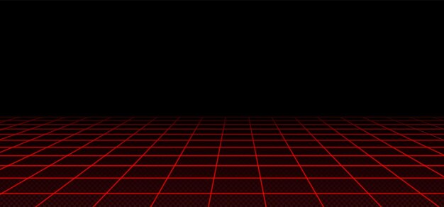 Perspectiva de cuadrícula de láser rojo futurista retro sobre fondo negro Ilustración vectorial de patrón de malla abstracto Paisaje de matriz de ciencia ficción de los años 80 con red de haz de luz Ciberespacio de onda de vapor Sistema de seguridad