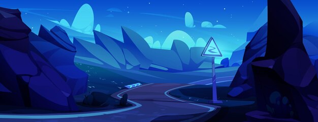 Perspectiva de la sinuosa carretera de montaña por la noche