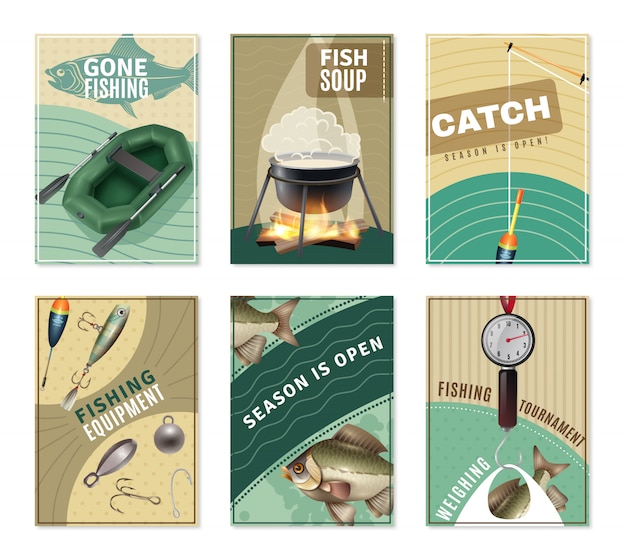 Vector gratuito pesca en agua dulce 6 impresiones de carteles colección