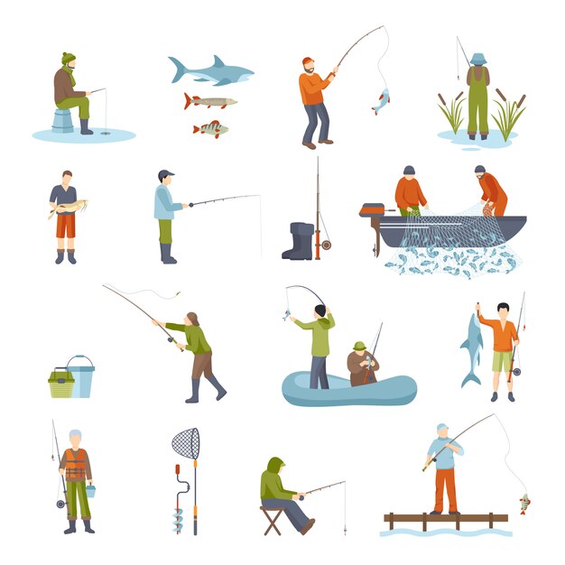 Pesca personas pescado y herramientas iconos conjunto