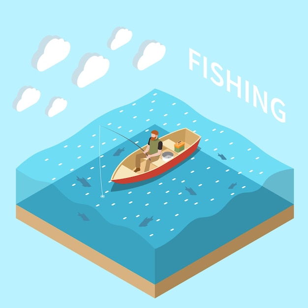 pesca, pescador, isométrico, aislado, concepto, hombre pesca, sentado, en, un, bote, en, el, agua, vector, ilustración