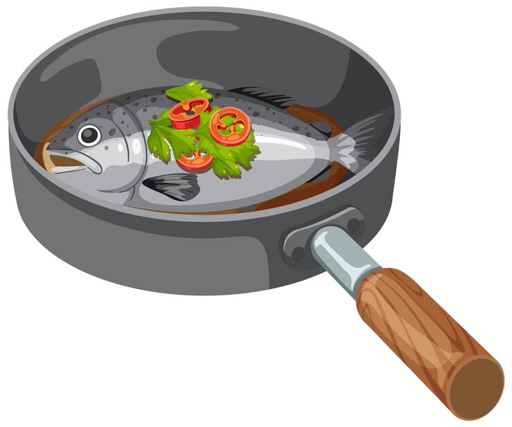 Vector gratuito pescado fresco cocinado en sartén