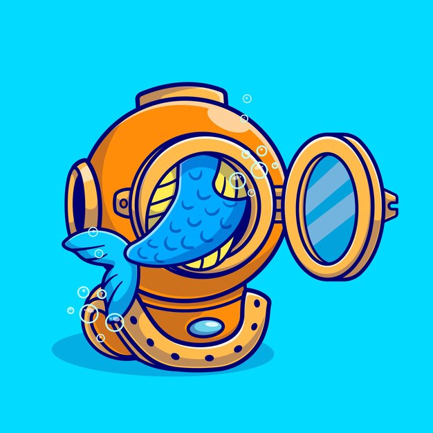 Pescado en la ilustración del icono del vector de dibujos animados del casco del buzo. Naturaleza Animal Icono Concepto Aislado Premium