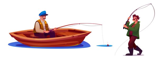 Pescador de dibujos animados con equipo de pesca