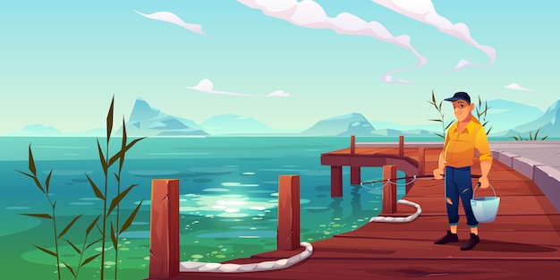 Vector gratuito pescador en la ilustración de muelle, paisaje marino y colinas