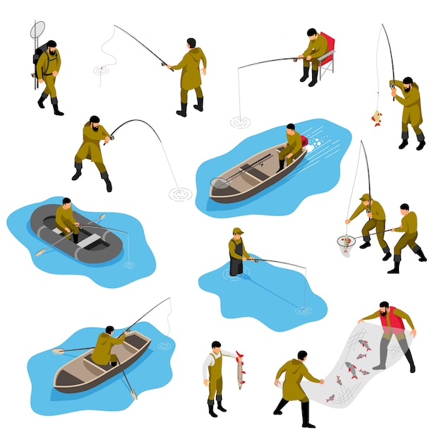 Pescador isométrico con personajes humanos aislados de piscators en diferentes situaciones con botes y aparejos