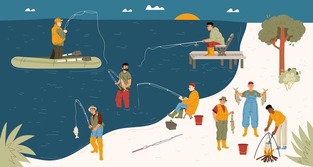 Pescador en el pasatiempo de ocio de los hombres de pesca por la mañana