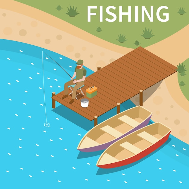 Pescador pescador coloreado concepto isométrico hombre pesca sentado en un puente de madera en la orilla de un río ilustración vectorial