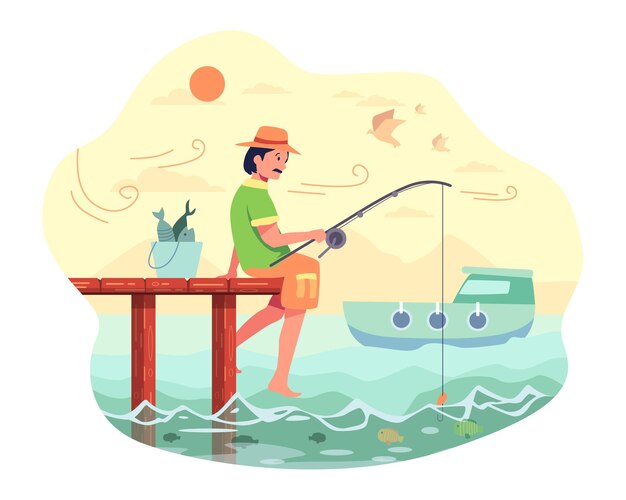 Pescador sentado pescando al final del puente con una caña de pescar y cebo, en el mar
