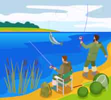 Vector gratuito pescadores con aparejos durante la captura de peces en la composición isométrica del banco del río