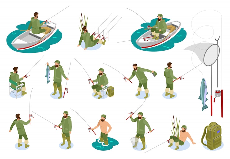 Vector gratuito pescadores durante la captura de peces en la caña de spinning conjunto de iconos isométricos con aparejos aislado