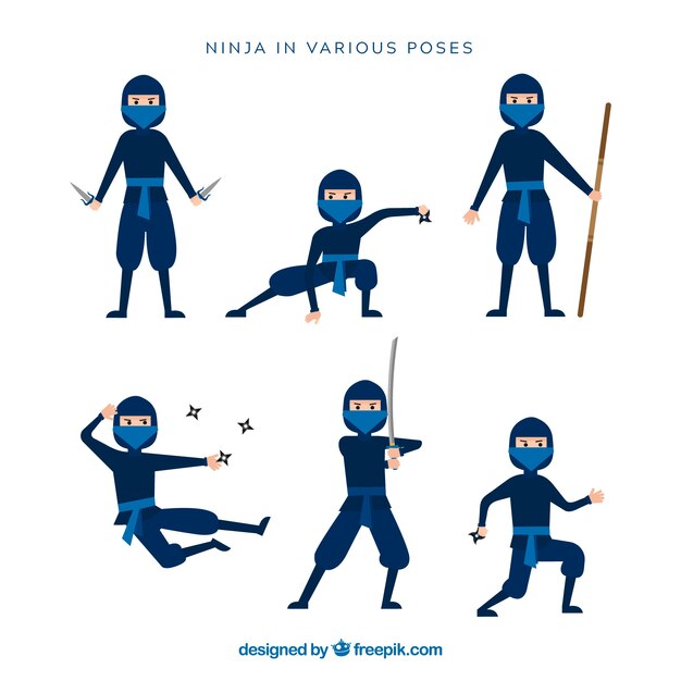 Pesonaje de ninja en distintas posturas con diseño plano