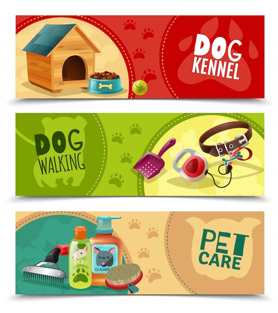 Vector gratuito pet care 3 banners horizontales establecidos