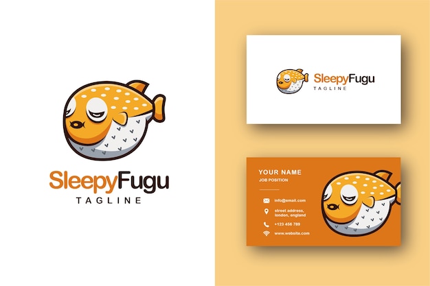 Pez burbuja soñoliento, pez globo, logotipo de mascota de dibujos animados de pez fugu y tarjeta de visita
