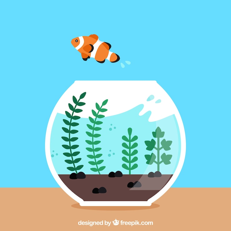 Vector gratuito pez de colores saltando de la pecera en estilo plano