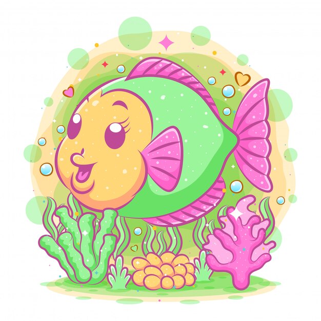 La Caricatura De Pez Rosa Nada En El Hermoso Mar De La Ilustracion Vector Premium