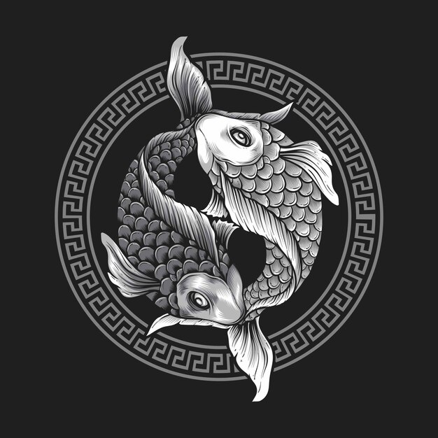 Pez koi yin yang aislado en gris