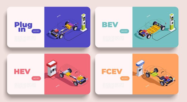 PHEV y otros tipos de vehículos eléctricos híbridos conjunto de banner isométrico ilustración vectorial aislada