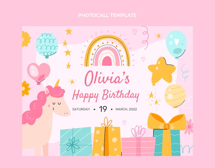 Vector gratuito photocall de cumpleaños infantil dibujado a mano