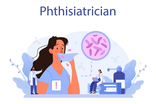 Phthisiatra sistema pulmonar humano idea de salud y tratamiento médico especialista en tuberculosis comprobando los pulmones humanos ilustración vectorial aislada en estilo de dibujos animados