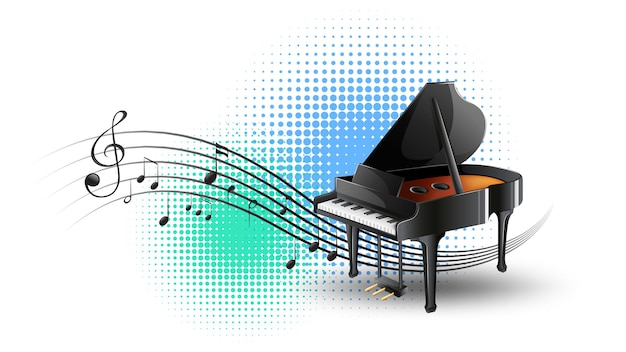 Vector gratuito piano de cola con notas musicales en segundo plano.