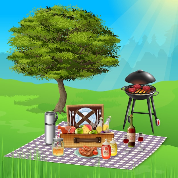 Picnic de verano con frutas de queso vino y deliciosos platos de barbacoa para cocinar en la parrilla ilustración realista