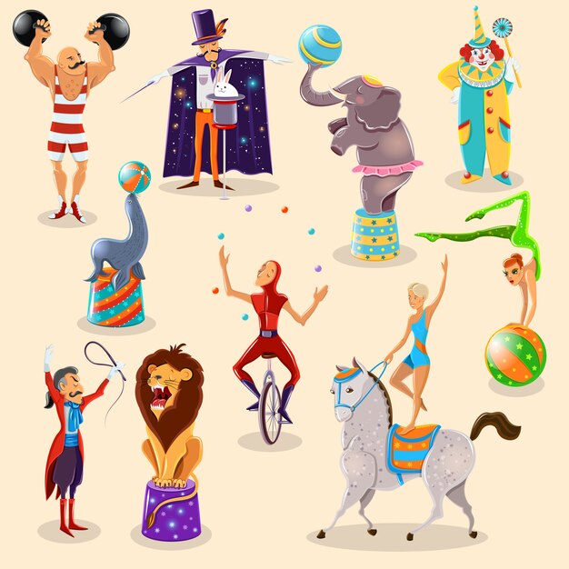 Los pictogramas del vintage del circo fijaron la disposición