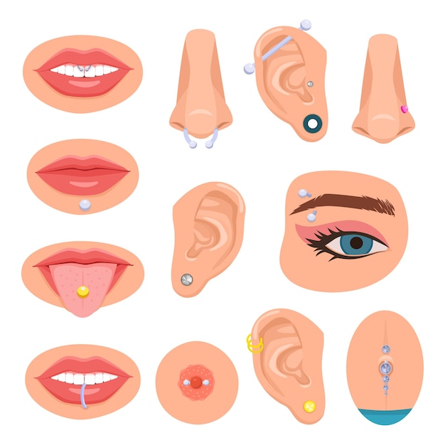 Vector gratuito piercing cuerpo plano conjunto de iconos aislados con partes del cuerpo humano perforadas con joyas ilustración vectorial