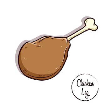 Pierna de pollo delicioso con garabato coloreado o estilo dibujado a mano sobre fondo blanco