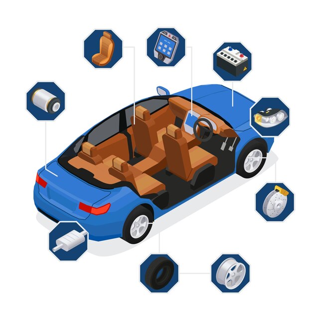 Piezas de automóviles repuestos composición isométrica con iconos redondos de detalles de repuesto que rodean el automóvil con ilustración de vector de vista interior