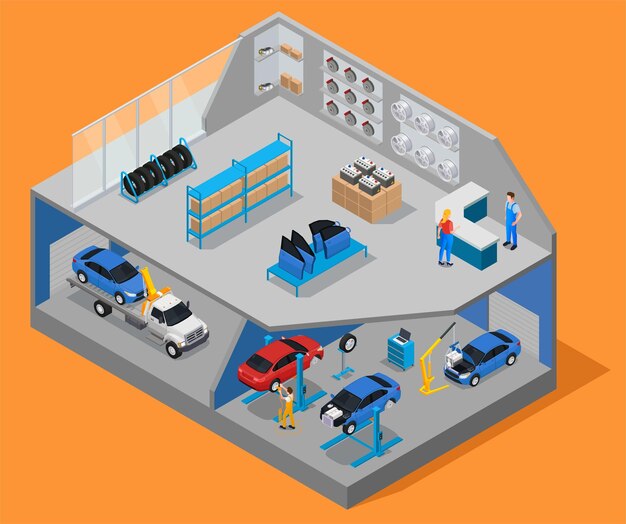 Piezas de automóviles repuestos composición isométrica con vista aislada de un edificio de dos pisos con ilustración de vector de garaje y tienda