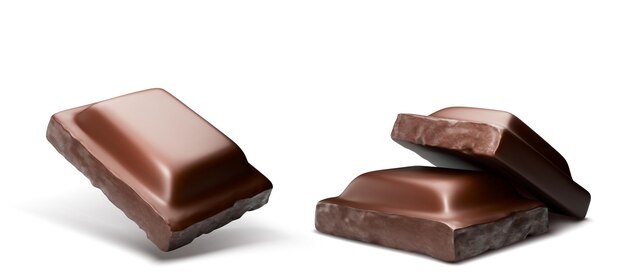 Las piezas de la barra de chocolate volando en el aire 3D realista