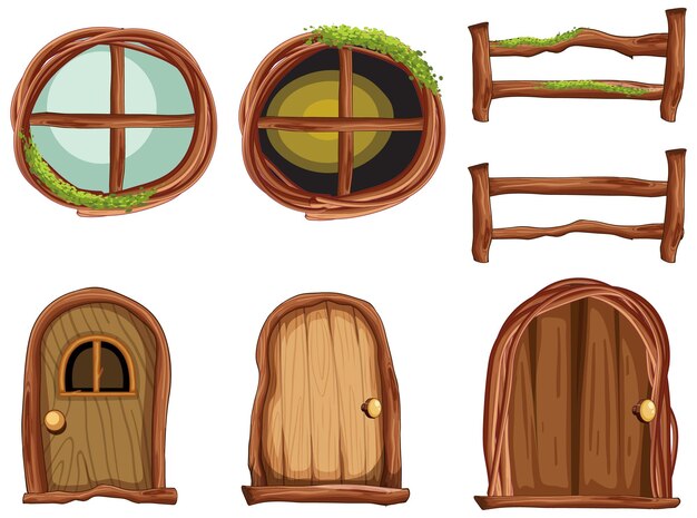 Piezas de cabaña de madera sobre fondo blanco.