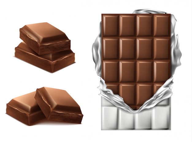 Piezas de chocolate realista 3d. Marrón delicioso bar en papel de aluminio roto y rebanada de chocolate