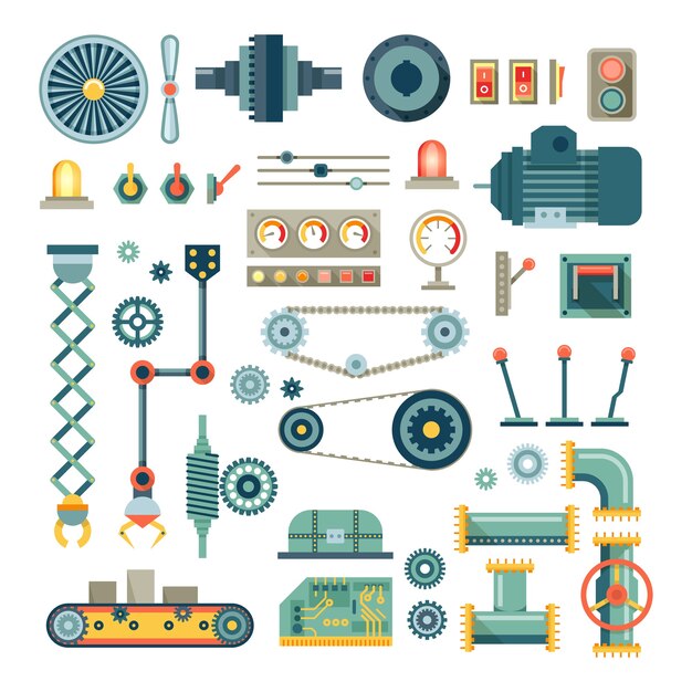 Piezas de maquinaria y conjunto de iconos planos de robot. Equipo mecánico para industria, mecánico técnico de motores, tubería y válvula, absorbedor y pulsador