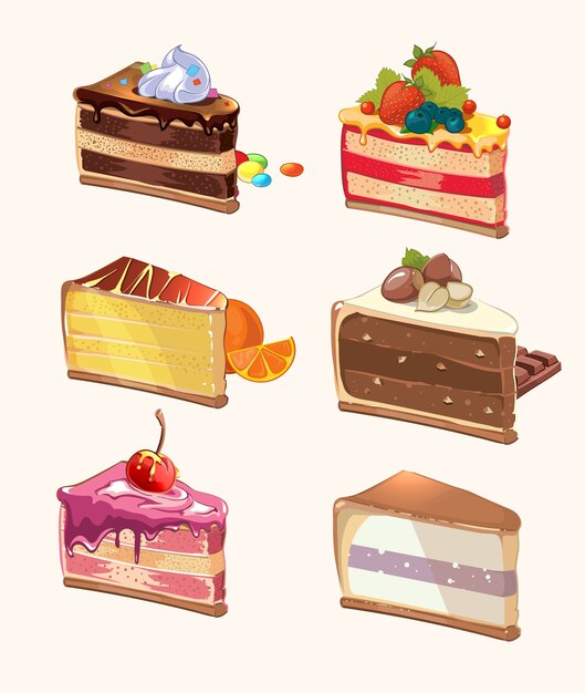 Piezas de pastel de dibujos animados. Snack delicioso, baya y sabroso, pastel con cereza, comida dulce, pieza de postre. Ilustración vectorial
