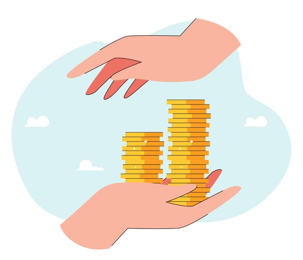 Pila de monedas de oro en manos cariñosas ilustración vectorial plana