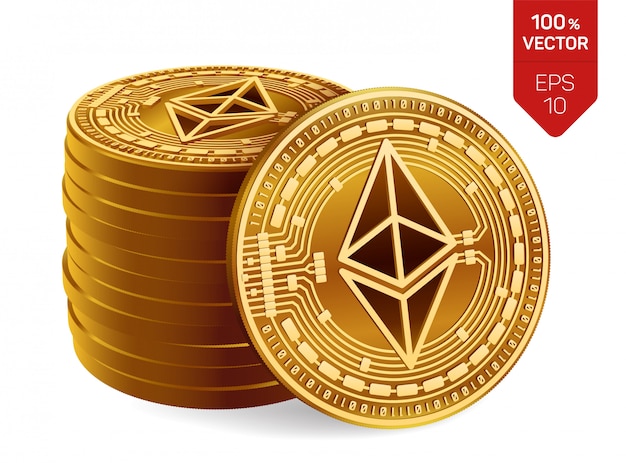 Pila de monedas de oro con el símbolo de Ethereum aislado sobre fondo blanco.