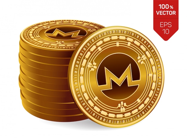 Pila de monedas de oro con el símbolo de Monero aislado sobre fondo blanco.