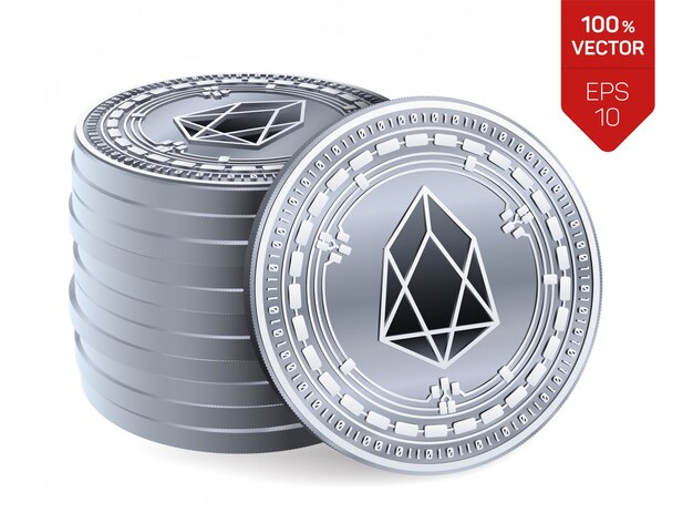 Pila de monedas de plata con el símbolo EOS aislado sobre fondo blanco.