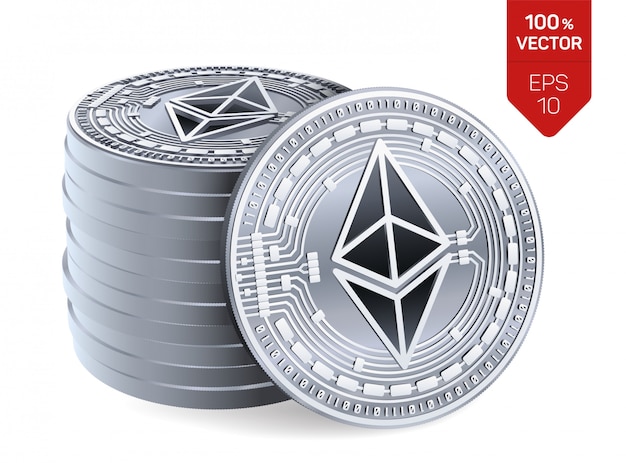 Pila de monedas de plata con el símbolo Ethereum aislado sobre fondo blanco.